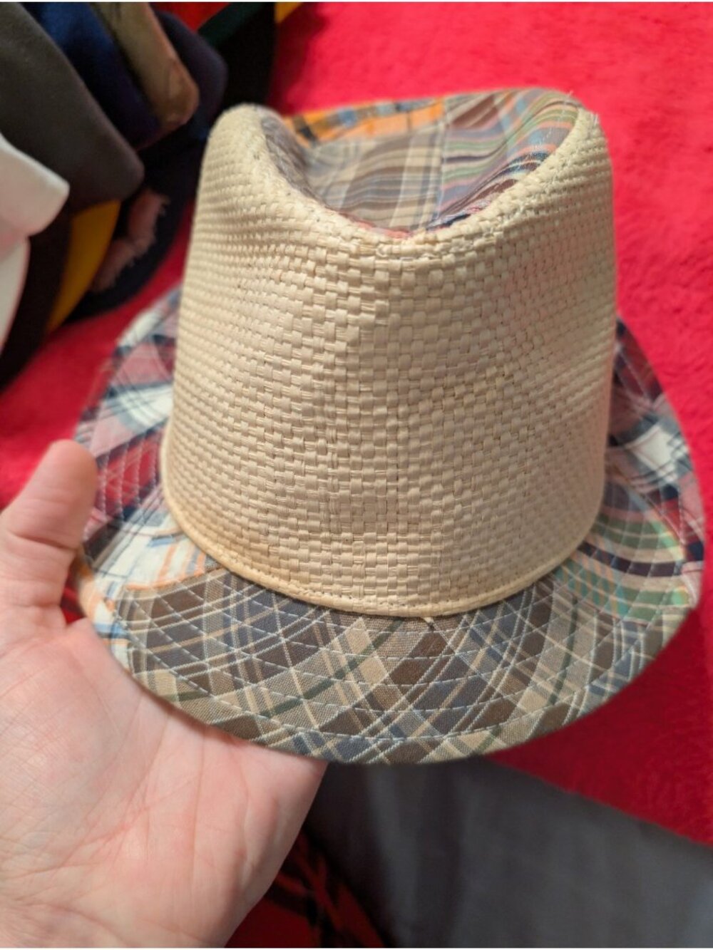 Paulo Solari Patchwork Plaid Straw Trilby Fedora Hat Mens L/XL Eclectic Grandpa